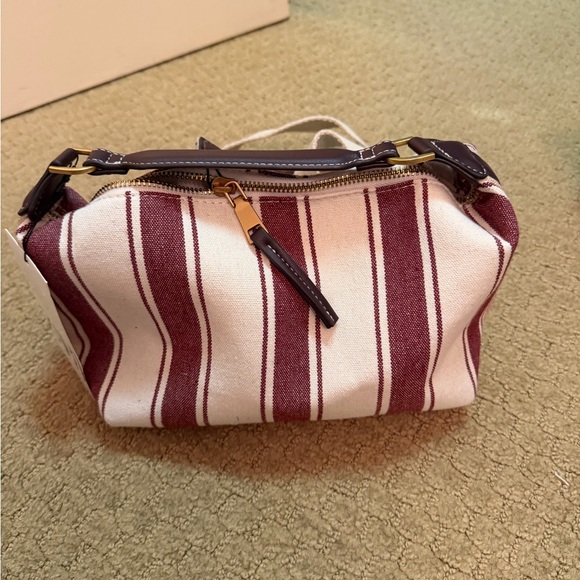 Zara Burgundy and White Striped Handle Bag with brown accents and 2 straps - Picture 3 of 6